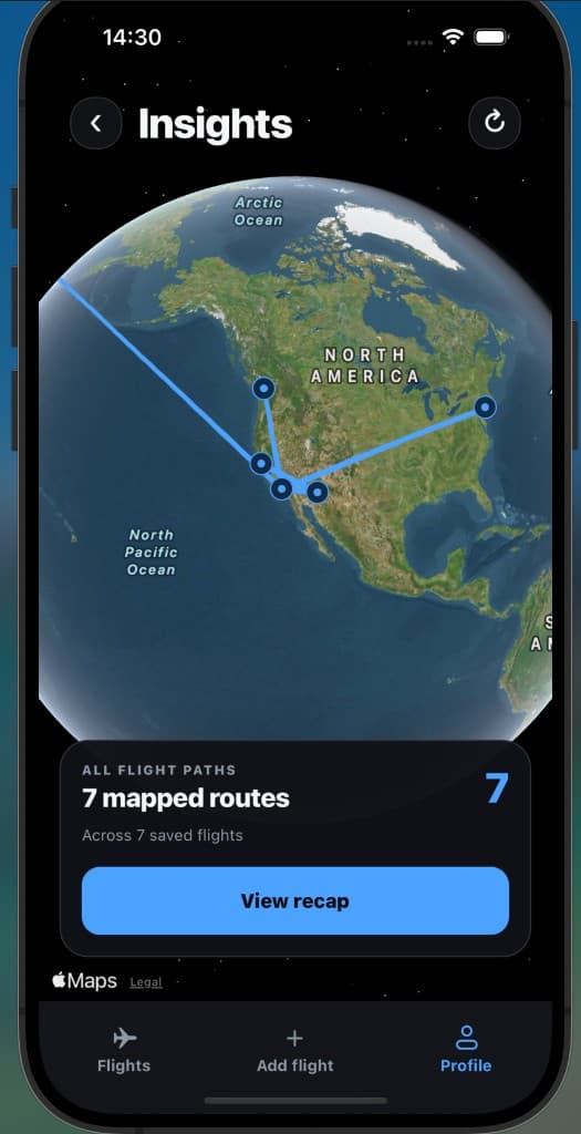 Insights screen showing seven saved flight routes across North America on a globe